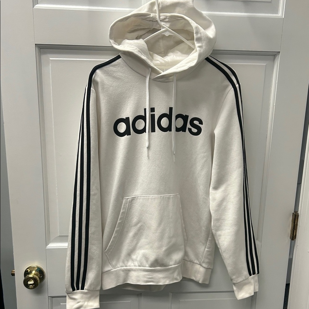 Adidas Logo White Hoodie 3 Black Stripes Pullover  FI0806 Men’s Size Large